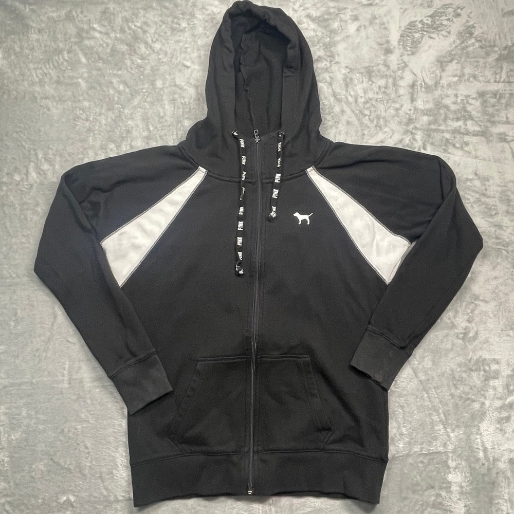 PINK Victoria's Secret Hoodie Women Medium Black Full Zip Colorblock‎ Sweatshirt